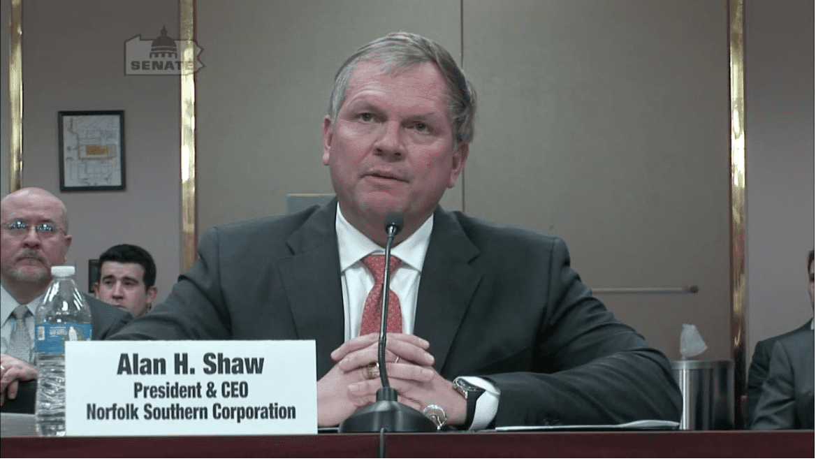 Norfolk Southern CEO Alan Shaw testifying before a PA Senate committee