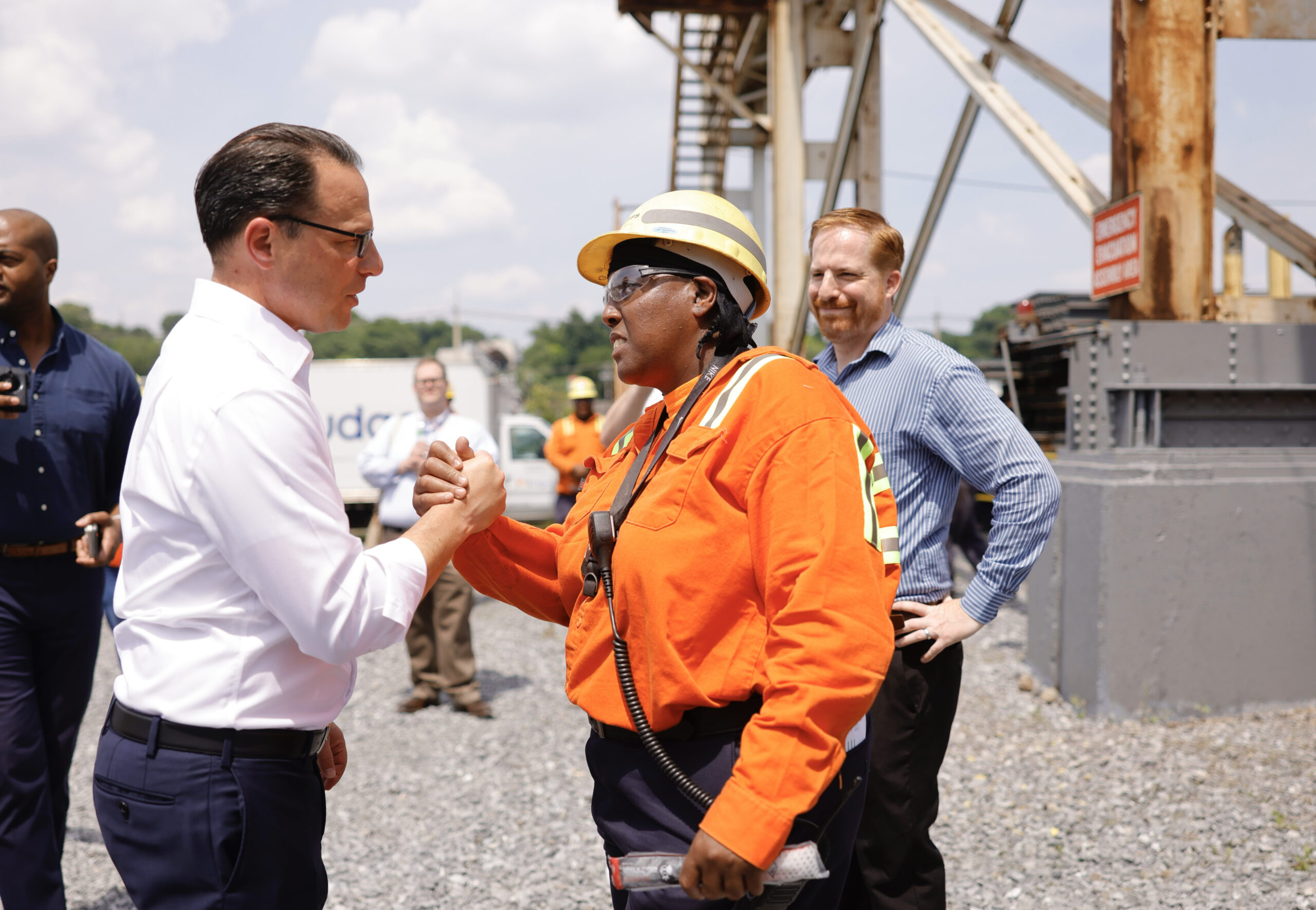 Governor Josh Shapiro joins U.S. Department of Transportation Secretary Pete Buttigieg for a press conference at Cleveland-Cliffs Steelton